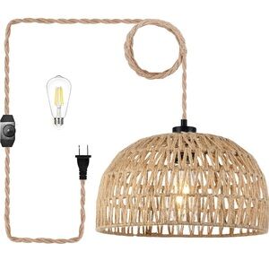 Wicker Pendant Light Hanging Lights With Plug In Cord Dimmable Rattan Lamp Boho